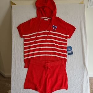 Life Is Good NWT Red Striped Knit Hoodie and Shorts Set Size Medium